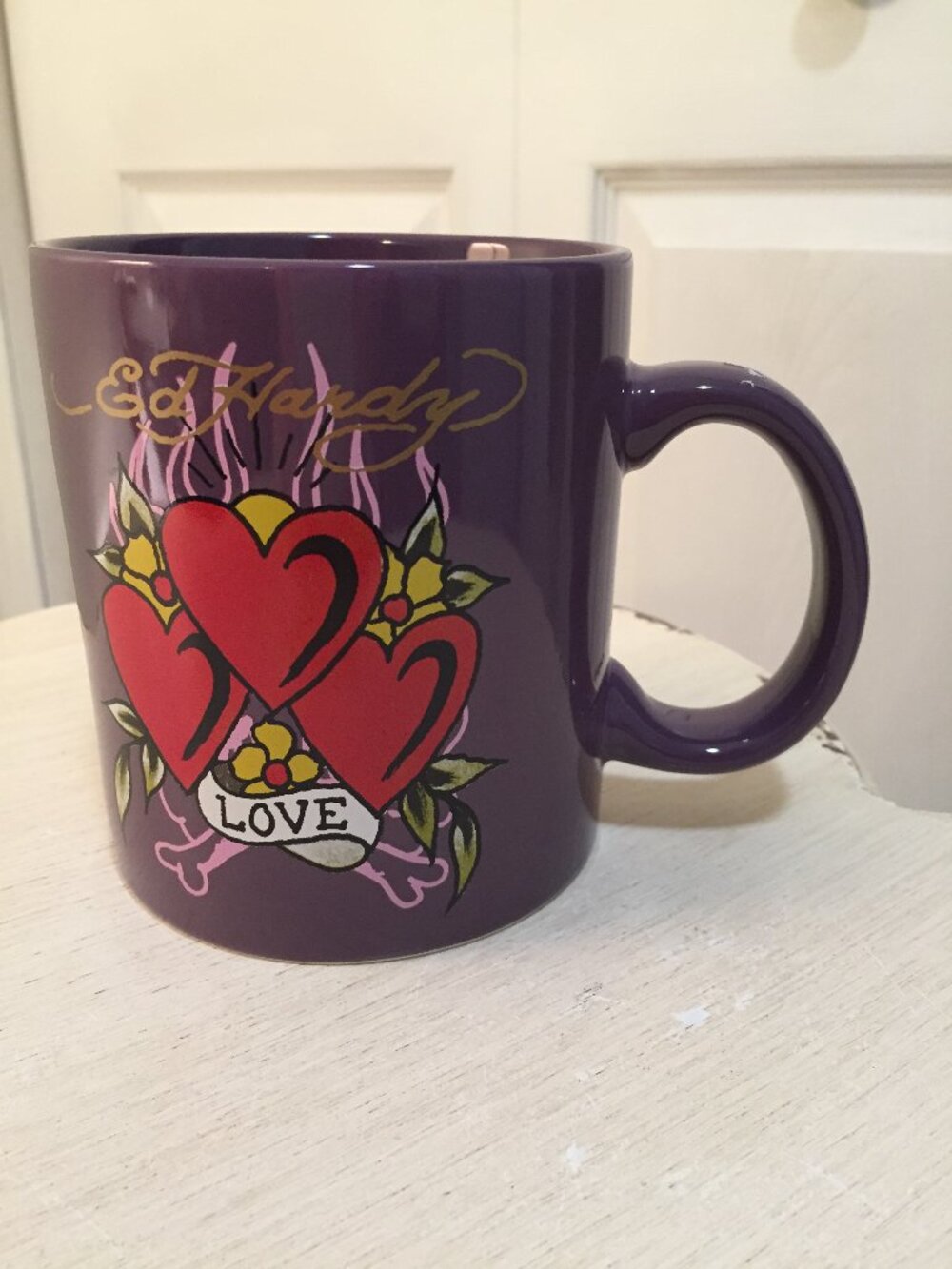 Ed Hardy Mad Engine Coffee Cup/Mug--Skull, Heart, Love XL Purple LIKE NEW